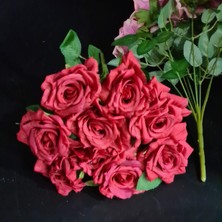 Konak 9 Dallı Açık Kıvırcık Gül Demet Kırmızı (Yapay Çiçektir)