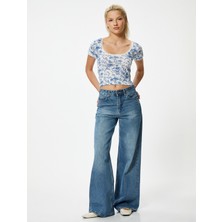 Koton Çiçekli T-Shirt Kısa Kollu U Yaka Dantel Detaylı Ribanalı Pamuklu