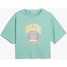 Koton Crop T-Shirt Kısa Kollu Bisiklet Yaka Slogan Baskılı Pamuklu