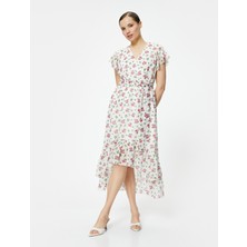 Koton Midi Çiçekli Elbise Şifon Fırfırlı Beli Kuşaklı Asimetrik Kesim V Yaka