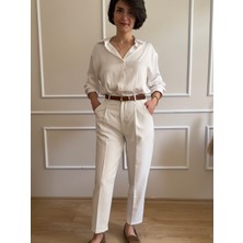 Nidi Store Kirli Beyaz Kemerli Pileli Havuç Pantolon