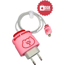 DGK Apple 18-20 Watt Hızlı Şarj Koruyucu Başlığı ve Kablo Koruyucu Set Pembe Biberon Figürlü