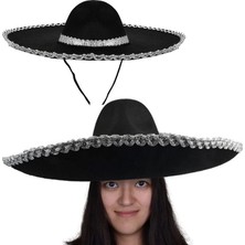 Pandoli Bağcıklı Gümüş Şeritli Siyah Renk Meksikalı Mariachi Şapkası 58 cm Yetişkin