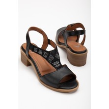 Analin Shoes Kadın Hakiki Deri Lastikli Rahat Taşlı Sandalet 2690 Sandalet  Sıyah 36