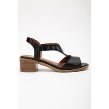 Analin Shoes Kadın Hakiki Deri Lastikli Rahat Taşlı Sandalet 2690 Sandalet  Sıyah 36
