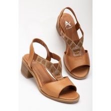 Analin Shoes Kadın Hakiki Deri Lastikli Rahat Taşlı Sandalet 2690 Sandalet  Taba 36