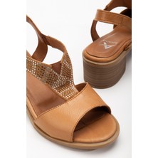 Analin Shoes Kadın Hakiki Deri Lastikli Rahat Taşlı Sandalet 2690 Sandalet  Taba 36