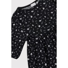 Babokah (Kids Girl) Balon Kol Desenli Beyaz Çiçek Desen Elbise