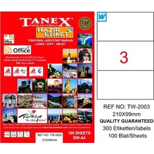Tanex 2003 Laser Etiket 210X99MM 1x3 300 Adet
