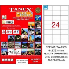 Tanex 2533 Laser Etiket 64X33MM 24X100 2400 Adet