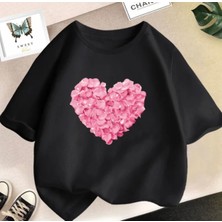 Kids Face Özel Tasarım Pembe Çiçekler Kalp Baskılı %100 Pamuk Oversize Kız Çocuk Şık T-Shırt