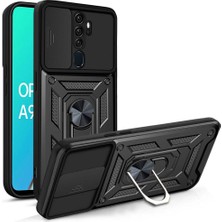 Caseworld Oppo A9 2020 Kapak Lens Sürgülü Kamera Korumalı Yüzüklü Stantlı Tank Kılıf - Siyah