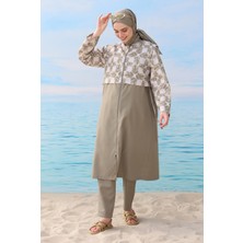 HE-QA Kadın Desenli Yüzme Takımı Su İtici Açık Haki 3 Parça Tunik Pantolon ve Şal