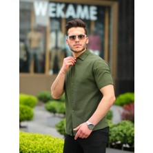 Pobudo Haki Renk Pamuk Keten Kısa Kol Gömlek