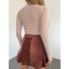 Jose Clothing Kadın Bej Dik Yaka Ön Bağlama ve Transparan Detay Crop Bluz