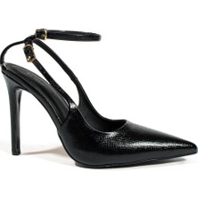 Iris Siyah Metalik Cilt  Kadın Sivri Burun Topuklu Ayakkabı