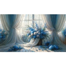Venspor Mavi Çiçeklerle Süslenmiş Zarif Pencere Manzaralı Arkaplan 200 x 150 cm