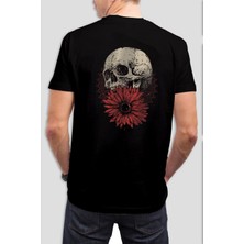 T-35 Çiçek ve Kafatası Baskılı Siyah Unisex Tişört C530