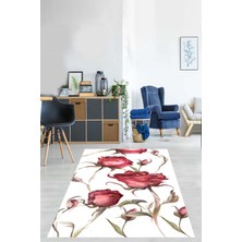 Pelangi Beyaz Zemin Kırmızı Gül Desenli Salon Yıkanabilir Kaymaz Taban Leke Tutmaz Salon Halısı