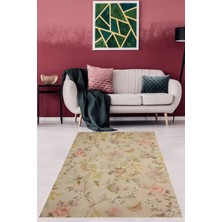 Pelangi Bej Zemin Çiçek Desenli Vintage Yıkanabilir Kaymaz Taban Leke Tutmaz Salon Halısı
