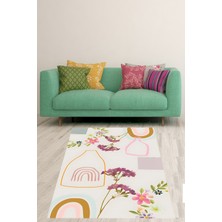 Pelangi Beyaz Zemin Renkli Çiçekler Iskandinav Yıkanabilir Kaymaz Taban Leke Tutmaz Salon Halısı