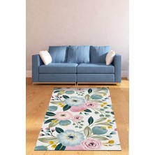 Pelangi Suluboya Efektli Piti Çiçekli Yıkanabilir Kaymaz Taban Leke Tutmaz Salon Halısı Yoluk