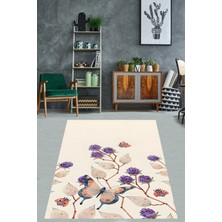Pelangi Bej Zemin Kelebek ve Çiçek Desenli Yıkanabilir Kaymaz Taban Leke Tutmaz Salon Halısı