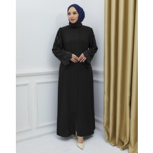 Güler Giyim Cansen Kadın Lüx Krep Kumaş Kolu Taşlı Kemerli Abaya Abiye Ferace
