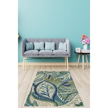 Pelangi Yeşil Zeminde Çiçek Motifli Yıkanabilir Kaymaz Taban Leke Tutmaz Salon Halısı