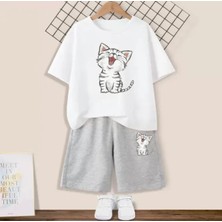 Kids Face Özel Tasarım Uykucu Şirin Kedicik Baskılı  Pamuk Trend Kız Çocuk T-Shırt Şort Takımı