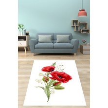 Pelangi Beyaz Zemin Üzerine Gelincik Çiçeği  Desenli Yıkanabilir Kaymaz Taban Leke Tutmaz Salon Halısı Yolluk