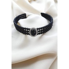 Petek Aksesuar Incili Choker Tasma Kolye Siyah