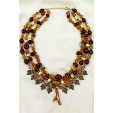 Petek Aksesuar Tasarım 3 Sıra Kemik  Doğaltaşlı Yaprak Tarz Kolye