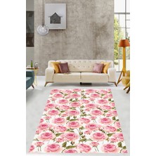 Pelangi Pembe Zeminde Gül Motifli Floral Desenli Yıkanabilir Kaymaz Taban Leke Tutmaz Salon Halısı Yolluk