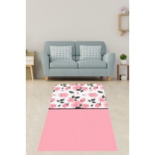 Pelangi Puantiye ve Pembe Gül Desenli Vintage  Yıkanabilir Kaymaz Taban Leke Tutmaz Salon Halısı Yoluk
