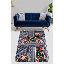 Pelangi Etnik ve Geometrik Desenli Güllü Yıkanabilir Kaymaz Taban Leke Tutmaz Salon Halısı Yoluk