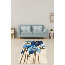 Pelangi Kremrengi Zemin Mavi Çiçek Desen  Yıkanabilir Kaymaz Taban Leke Tutmaz Salon Halısı