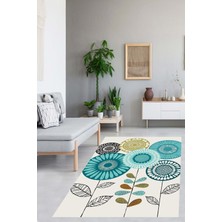 Pelangi Bej Zemin Üzerine Turkuaz Çiçek Desen Kreatif Modern Yıkanabilir Kaymaz Taban Leke Tutmaz Salon Halısı Yolluk