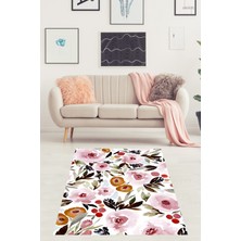 Pelangi Suluboya Gül ve Yeşil Yaprak Efektli Yıkanabilir Kaymaz Taban Leke Tutmaz Salon Halısı Yoluk