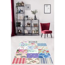 Pelangi Patchwork  Kırkyama Desen Çiçekli Yıkanabilir Kaymaz Taban Leke Tutmaz Salon Halısı Yolluk