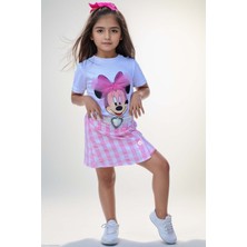 Kız Çocuk Minnie Baskı ve Üzeri Tül Fiyonk Detaylı Tişört Ekose Desen Etekli Takım