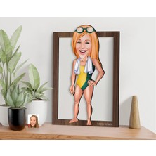 Bk Gift Kişiye Özel Kadın Yüzücü Karikatürlü 3D Ahşap Tablo-1, Sevgiliye Hediye, Arkadaşa Hediye, Doğum Günü Hediyesi