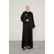 Levidor Siyah Taş Broş Detaylı Saten Ferace