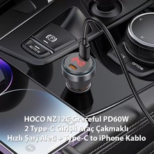 Hoco NZ12C Graceful PD60W 2 Type-C Girişli Araç Çakmaklı Hızlı Şarj Aleti + Type-C To iPhone Kablo