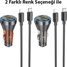 Hoco NZ12D Lucky PD60W 2 Type-C + USB Girişli Araç Çakmaklık Hızlı Şarj Aleti + Type-C To iPhone Lig