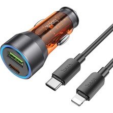 Hoco NZ12A Action PD43W USB + Type-C Araç Çakmaklık Hızlı Şarj Aleti + Type-C To iPhone Lightning Ka