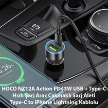 Hoco NZ12A Action PD43W USB + Type-C Araç Çakmaklık Hızlı Şarj Aleti + Type-C To iPhone Lightning Ka