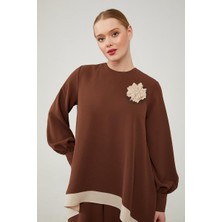 Levidor Kahve Asimetrik Kesim Çiçek Broşlu Pantolonlu Takım