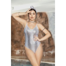 Hazelin Kadın Gümüş Deri Görünümlü Askılı Sırt Dekolteli Ip Detaylı Üçgen Yüzücü Mayo HZL24S-AR1835-25