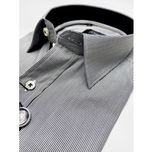Chamis Slimfit Siyah Çizgili Garni Detaylı Uzun Yaka Gömlek